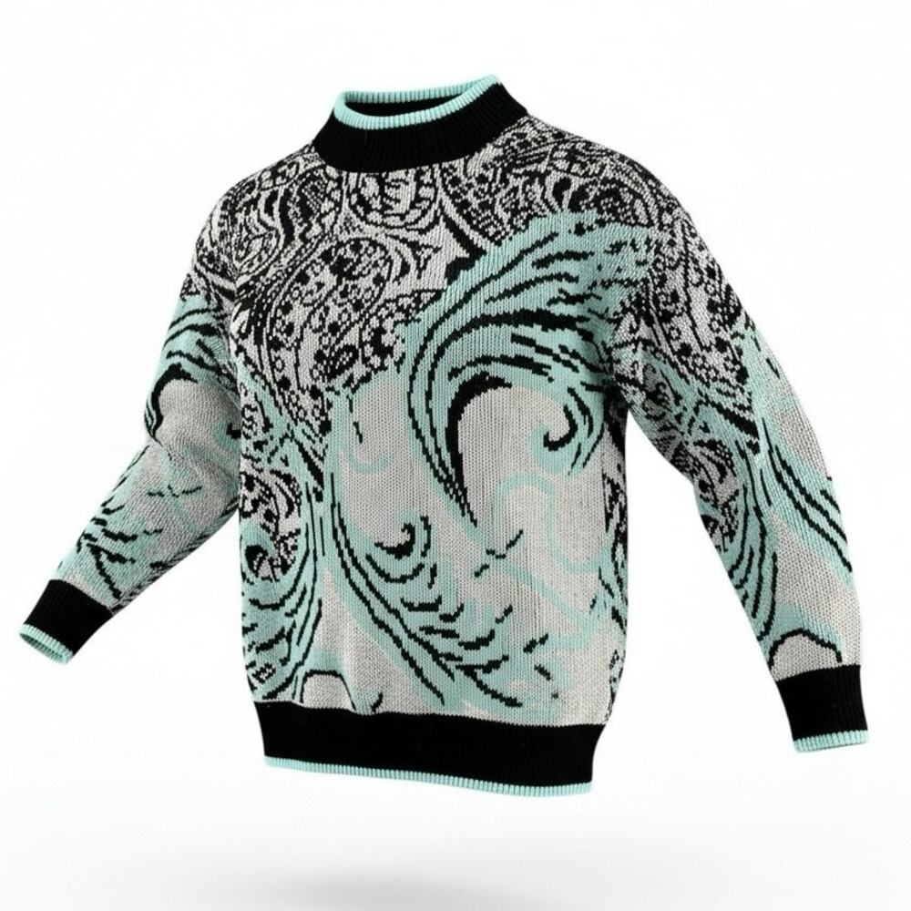 Vintage 90s Karen Lessly Metallic Sweater Abstract Print Blue Black M 90s 80s